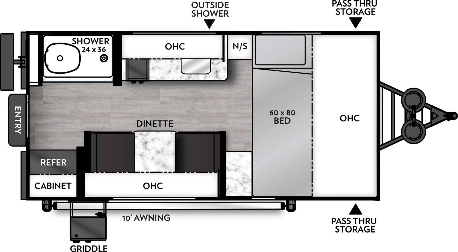 The Remote 15R has one entry and zero slide outs. Exterior features include: fiberglass exterior and 10' awning. Interiors features include: front bedroom.